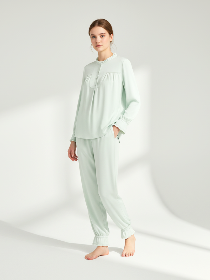 Women’s 100% Mulberry Silk Pajama Set – Long Sleeve with Ruffle Collar and Cuffs