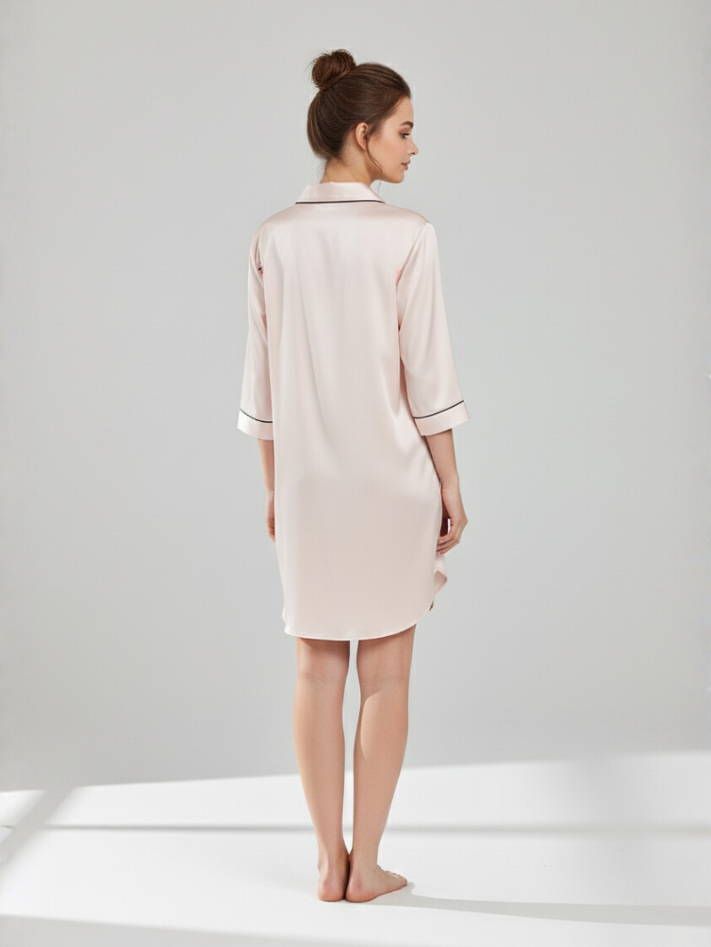 100% Mulberry Silk Nightdress with Shirt Collar – Elegant Women’s Sleepwear