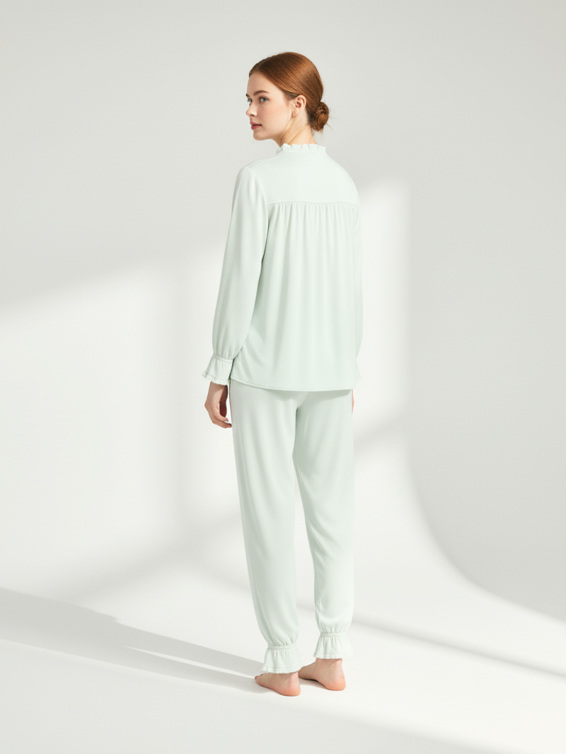 Women’s 100% Mulberry Silk Pajama Set – Long Sleeve with Ruffle Collar and Cuffs