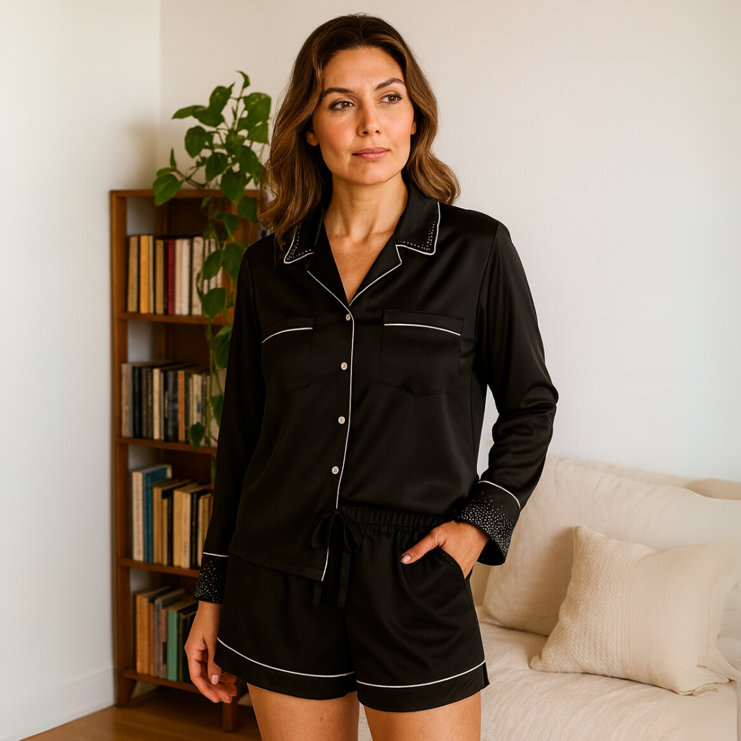 100% Mulberry Silk Pajama Set for Women – Long Sleeve Shirt & Shorts