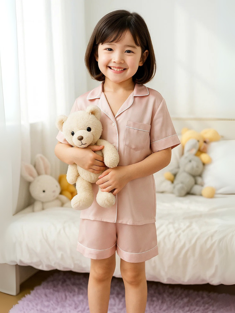 Children’s 100% Mulberry Silk Short Sleeve Pajama Set – Silk Sleepwear for Kids