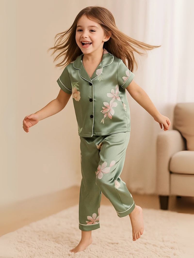 New Youngsters' Pajamas – Green Flower Print Flame Retardant Home Suit for Kids