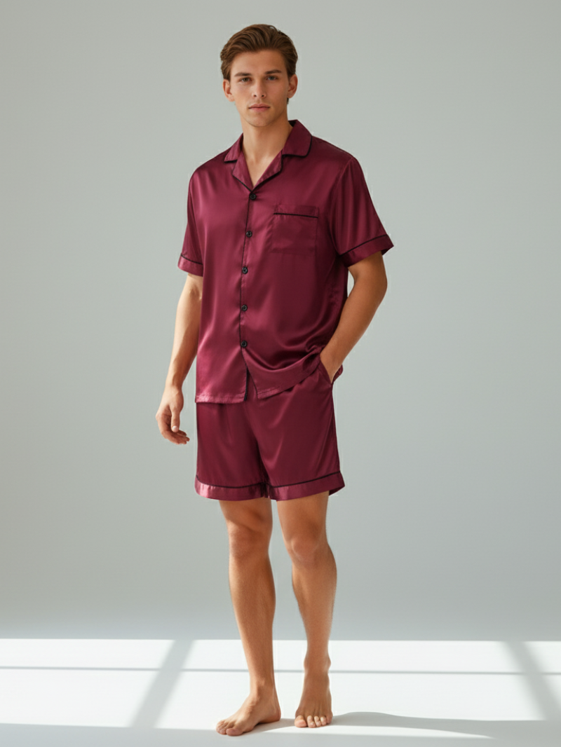 Ice Silk Satin Pajamas for Couples – Short-Sleeved Sleepwear for Women and Men