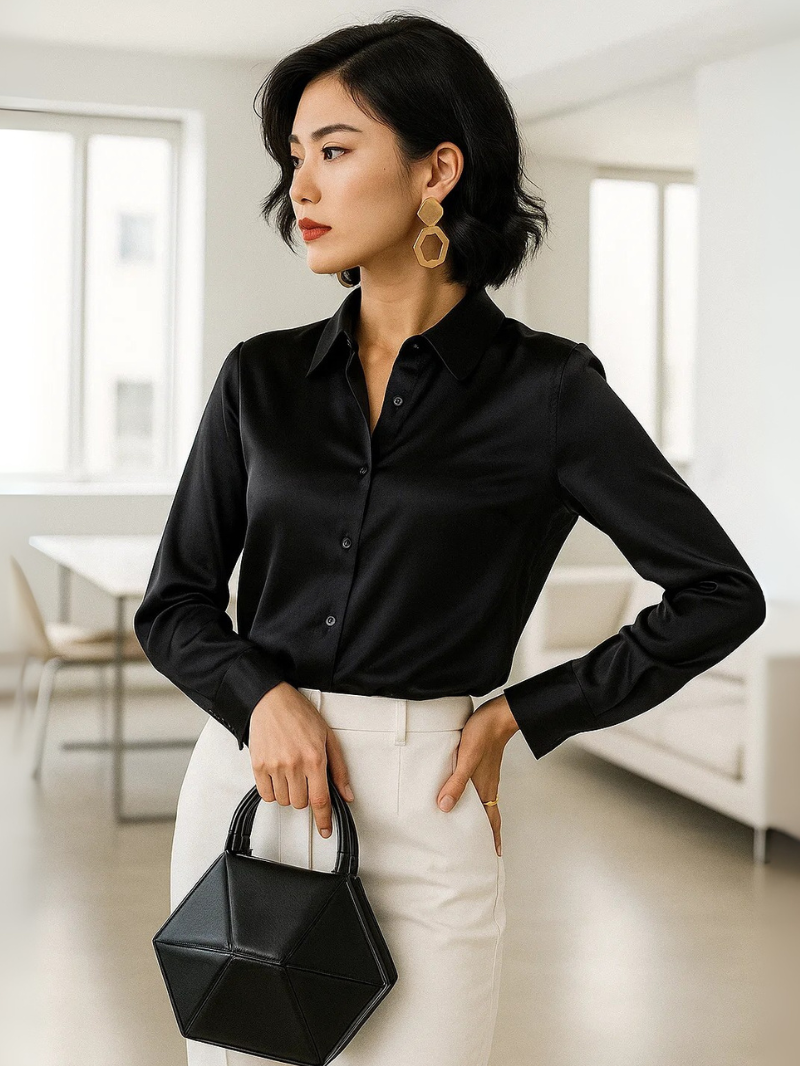 Women’s 100% Mulberry Silk Long-Sleeve Shirt – Professional Suit Top