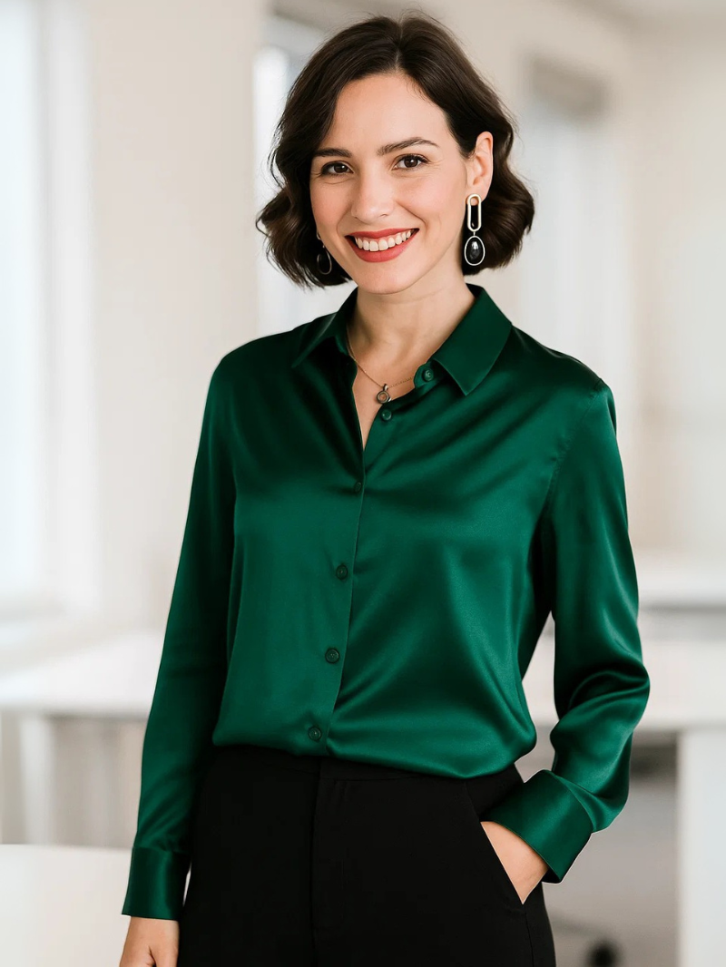 Women’s 100% Mulberry Silk Long-Sleeve Shirt – Professional Suit Top