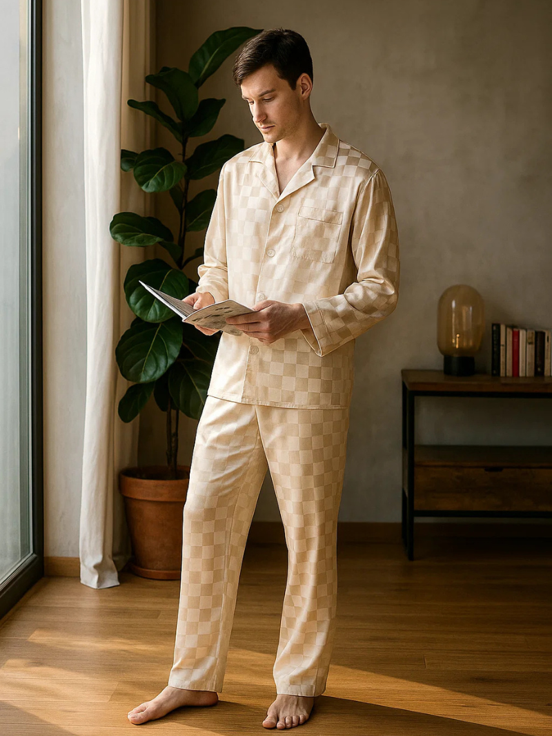 Men’s Ice Silk Long-Sleeve Pajama Set – Two-Piece Plaid Loungewear