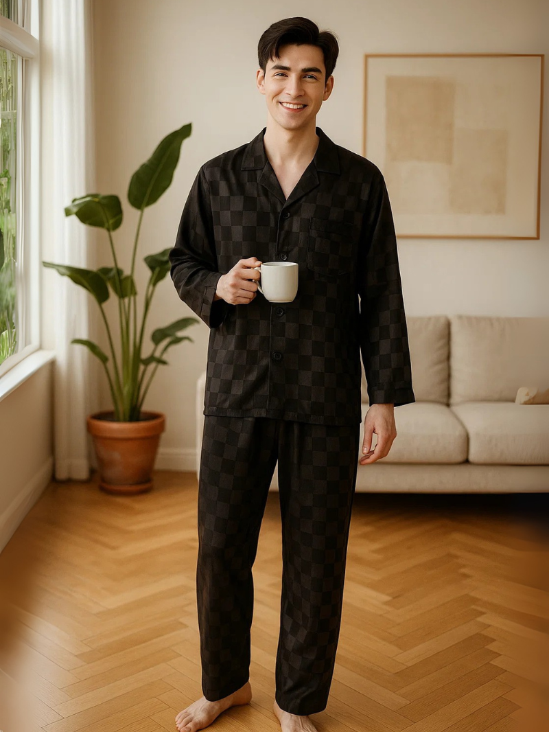 Men’s Ice Silk Long-Sleeve Pajama Set – Two-Piece Plaid Loungewear