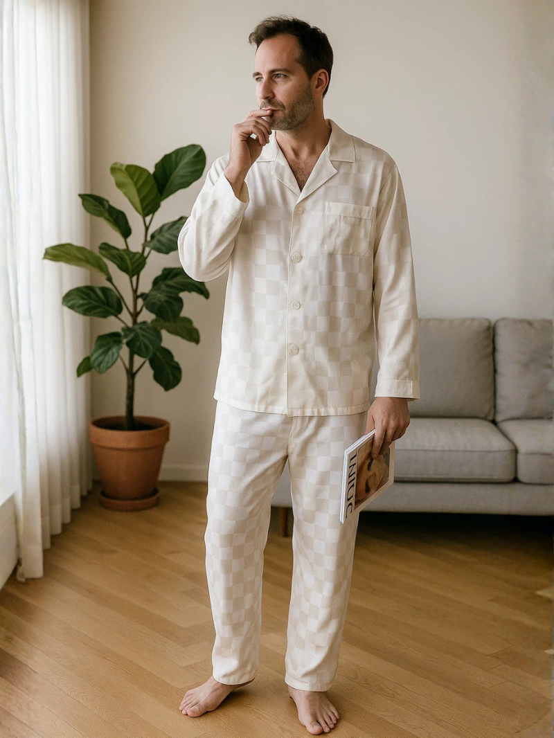 Men’s Ice Silk Long-Sleeve Pajama Set – Two-Piece Plaid Loungewear