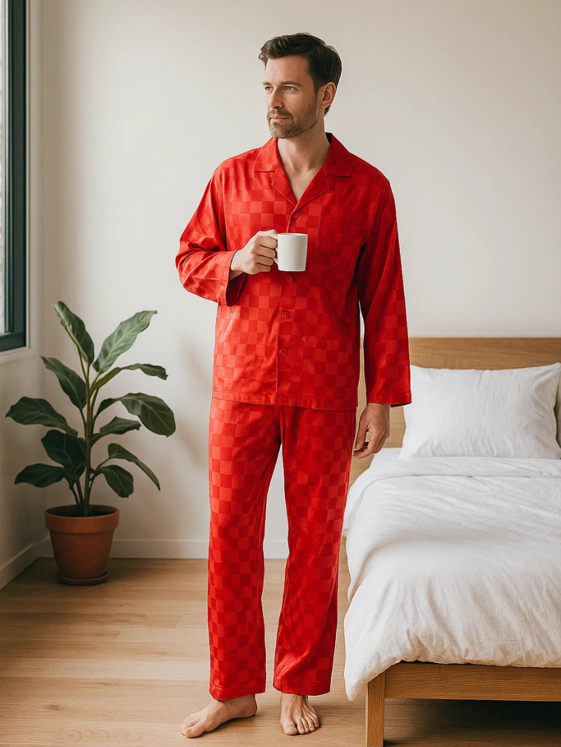 Men’s Ice Silk Long-Sleeve Pajama Set – Two-Piece Plaid Loungewear