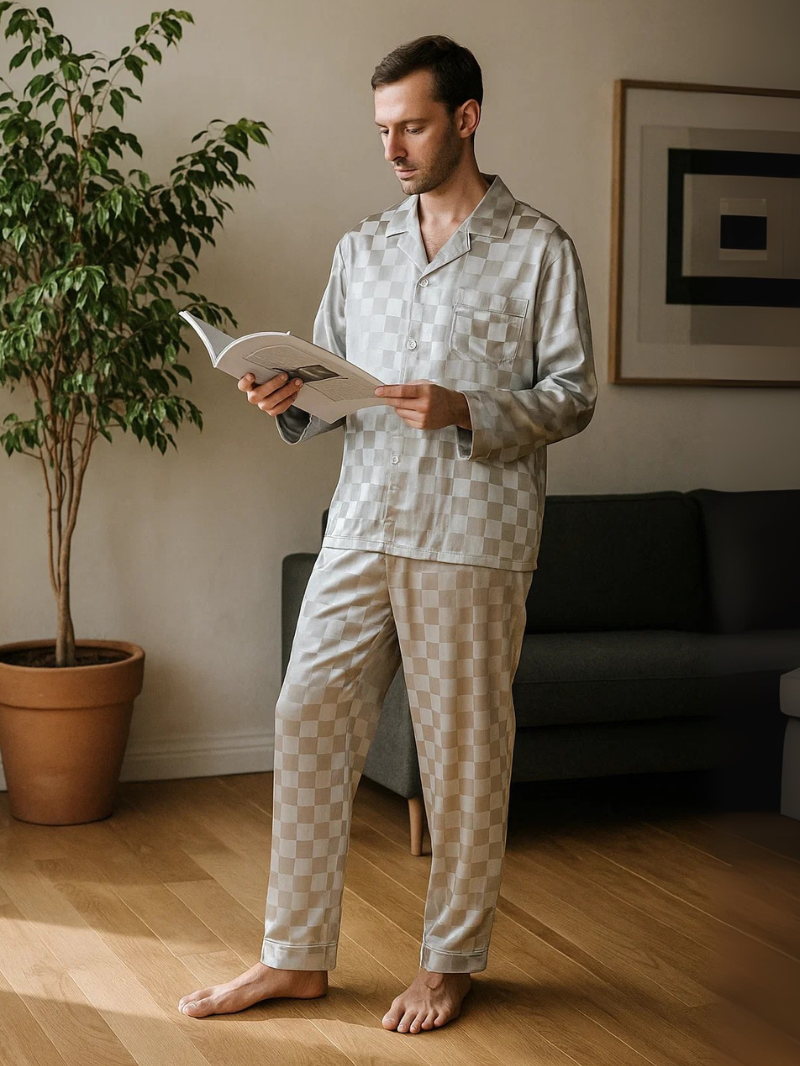 Men’s Ice Silk Long-Sleeve Pajama Set – Two-Piece Plaid Loungewear