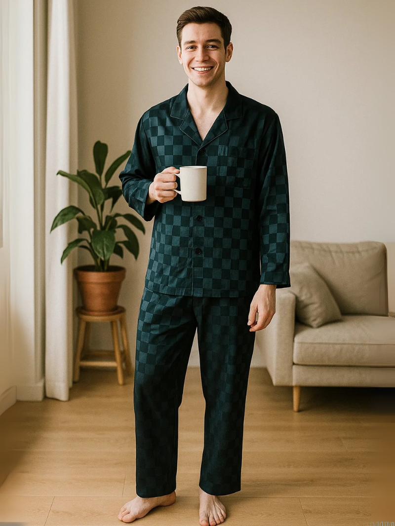 Men’s Ice Silk Long-Sleeve Pajama Set – Two-Piece Plaid Loungewear