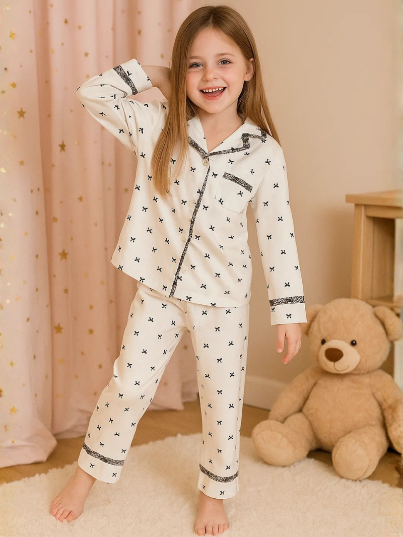 Girls’ Ice Silk Pajama Set – Long Sleeve Homewear with Cute Prints