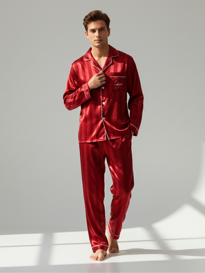 Men’s Silk Satin Pajama Set – Breathable, Lightweight Sleepwear with Long Sleeves & Pants