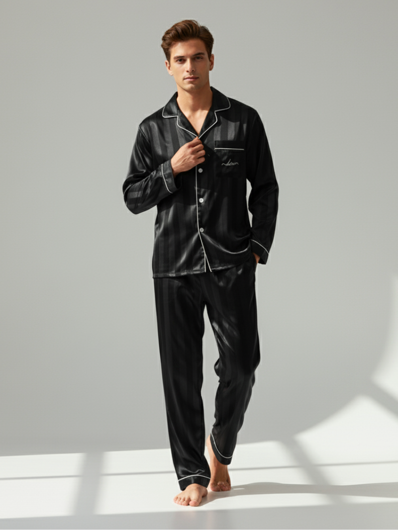 Men’s Silk Satin Pajama Set – Breathable, Lightweight Sleepwear with Long Sleeves & Pants