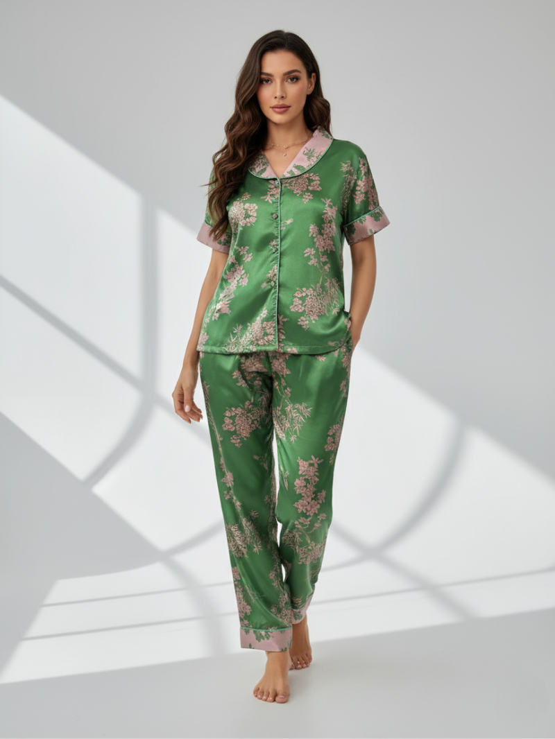 Women’s Chinese Style Satin Lounge Set – Short Sleeve Top and Long Pants for Effortless Elegance