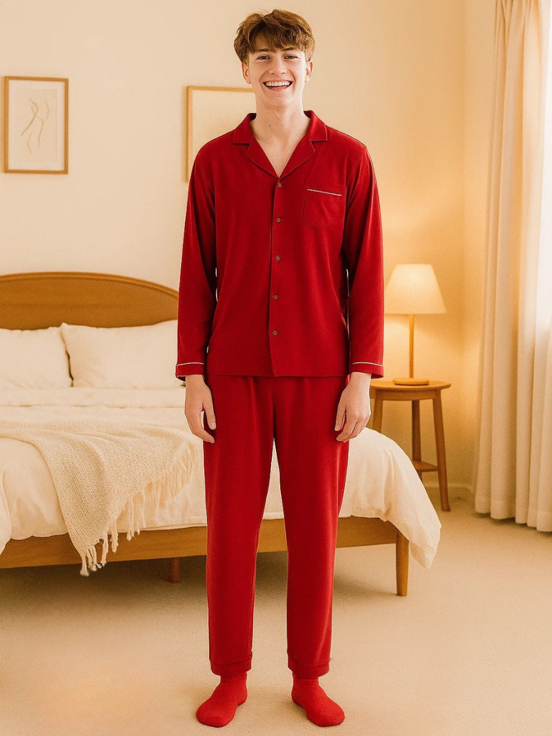 Red Modal Cotton Couple Pajama Set – Soft, Breathable & Elegant Loungewear