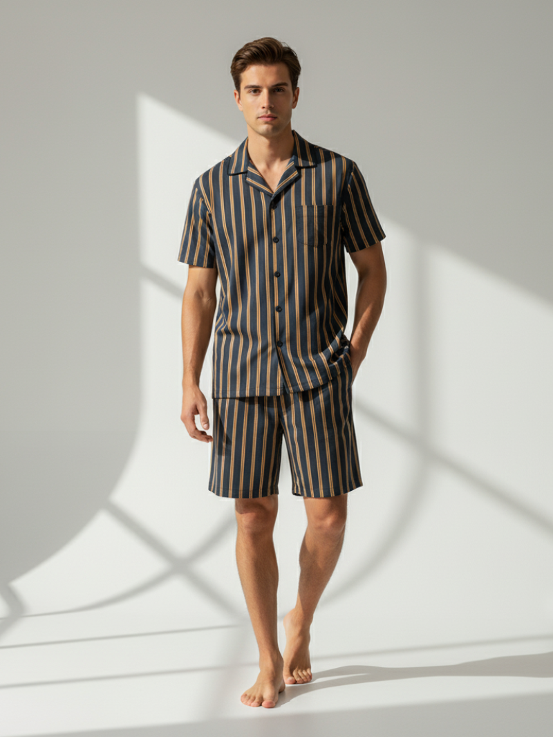 Men’s Reversible Collar Summer Pajama Set – Cool, Breathable, Skin-friendly Shorts and Short Sleeve Top