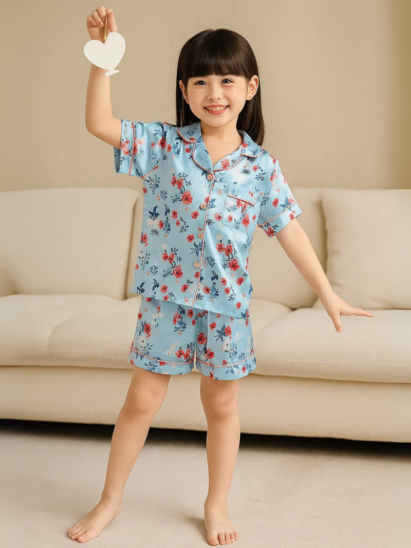 Girls’ Silk Short-Sleeve Pajama Set – Top & Shorts Homewear