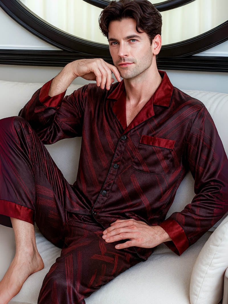 Men’s Silk-Feel Pajama Set – Long Sleeve Satin-Look Sleepwear with Elegant Pattern