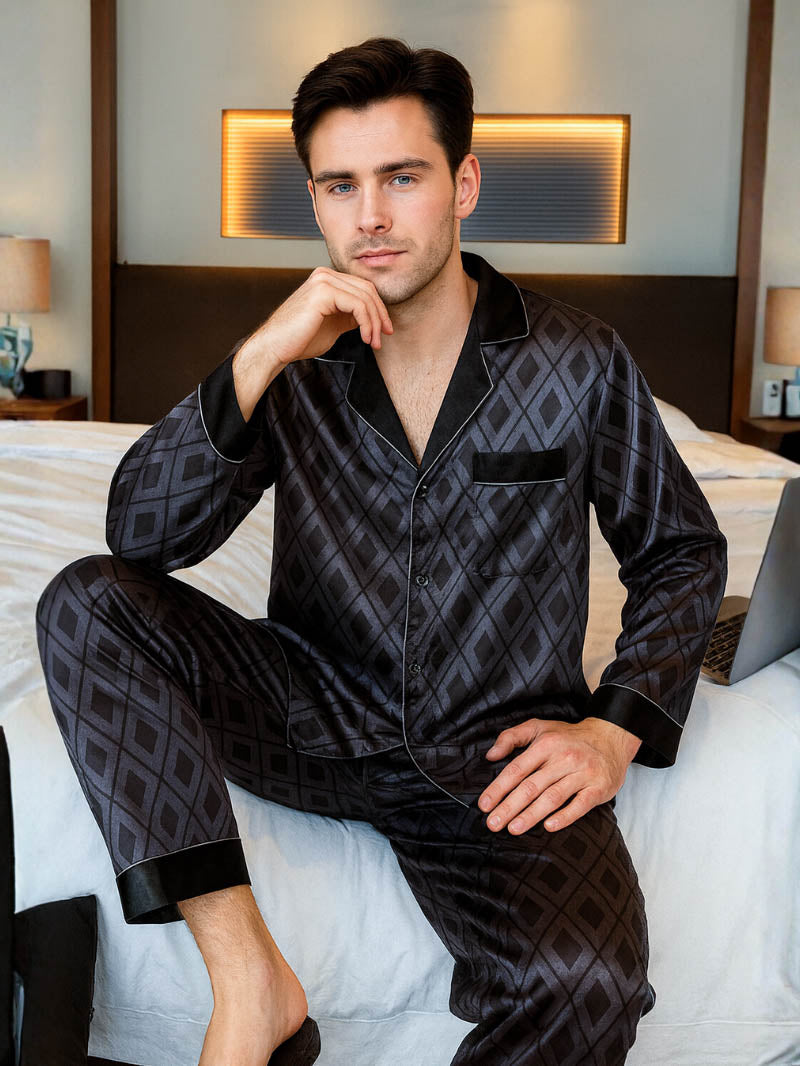 Men’s Silk-Feel Pajama Set – Long Sleeve Satin-Look Sleepwear with Elegant Pattern