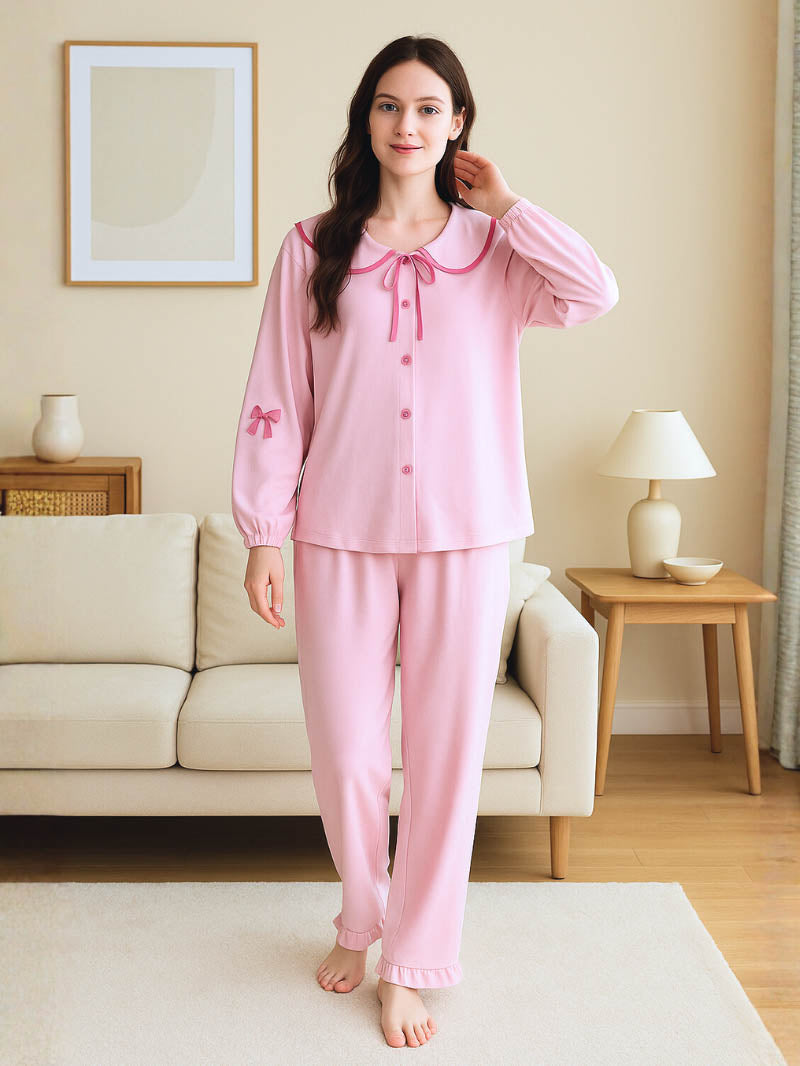 Soft Modal Cotton Women’s Pajama Set – Sweet Doll Collar Long-Sleeve Loungewear
