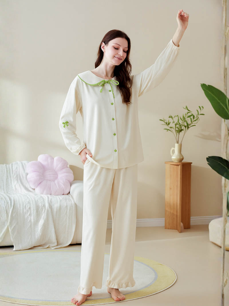 Soft Modal Cotton Women’s Pajama Set – Sweet Doll Collar Long-Sleeve Loungewear