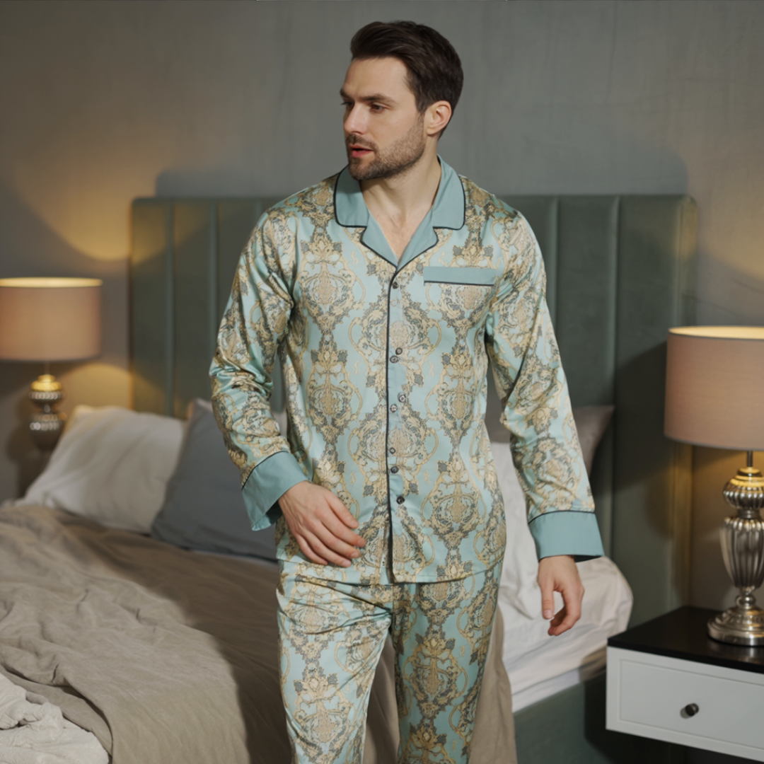 Men’s Silk-Like Pajama Set – Luxurious Paisley Pattern Sleepwear