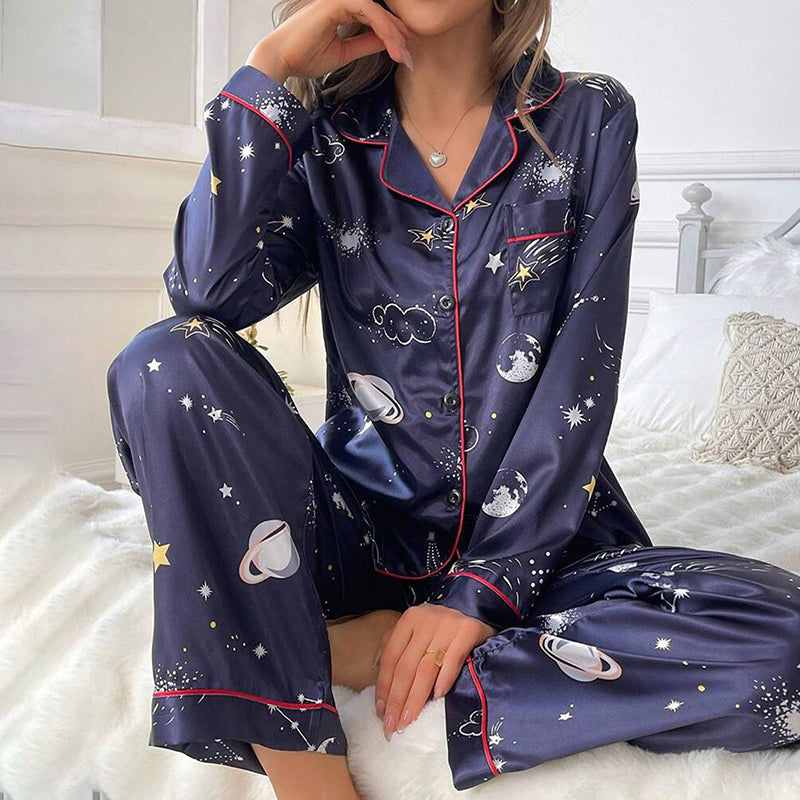 Printed Satin Long Sleeve Lapel Sleepwear & Lounge Set