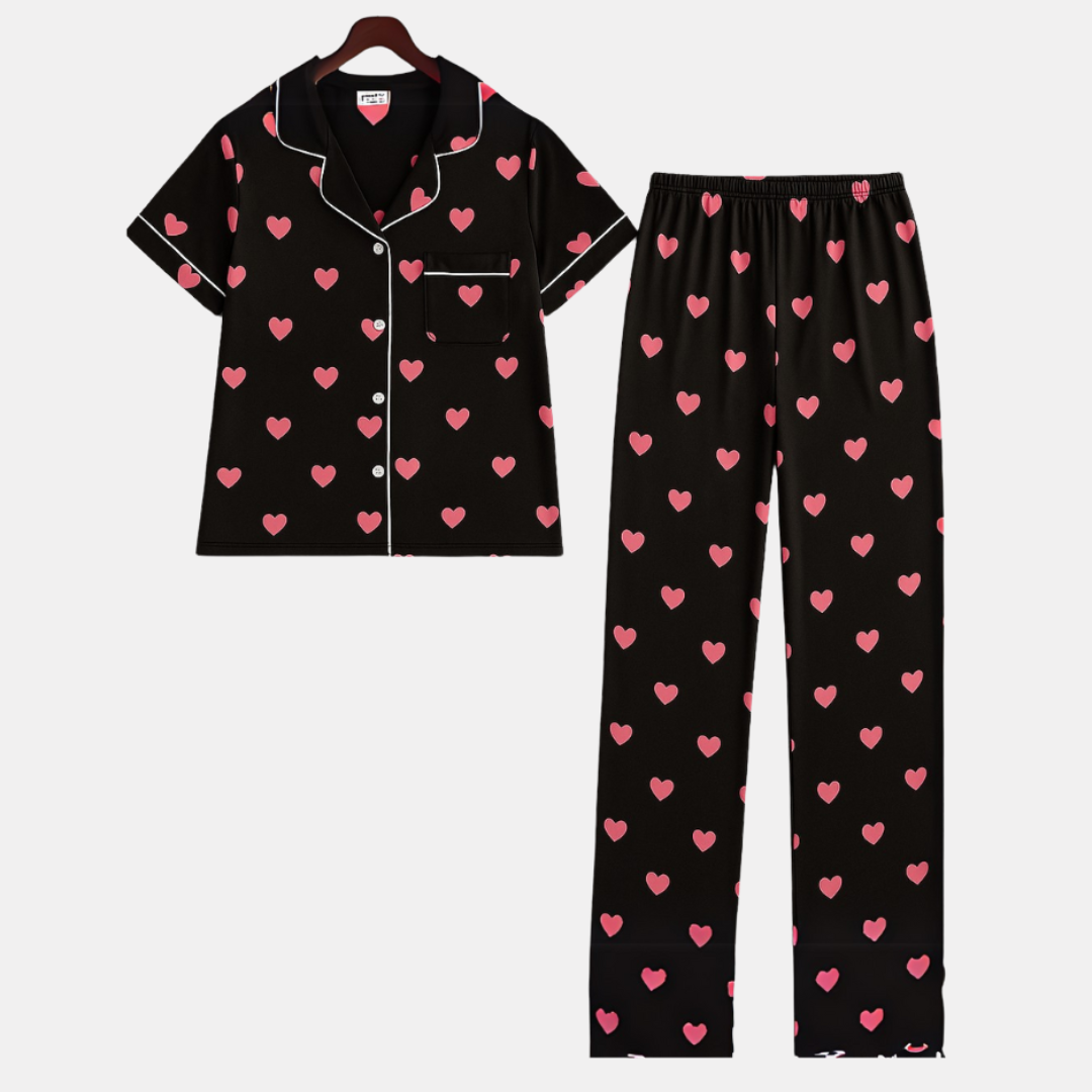 Cardigan Button Love Print Silk Short Sleeve & Long Pants Pajama Set