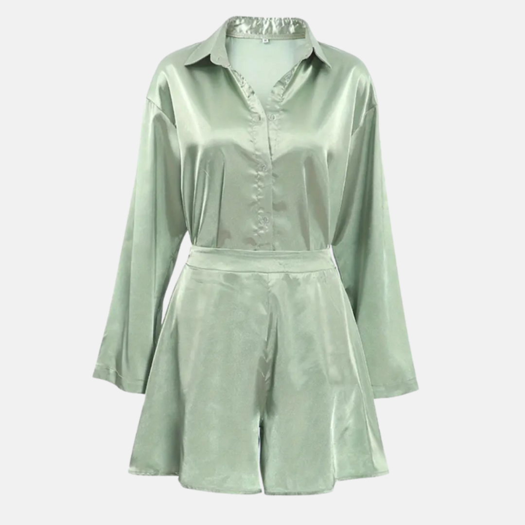 Luxury Satin Pajama Set for Women – 2 Piece Loungewear with Long Sleeve Top and Shorts