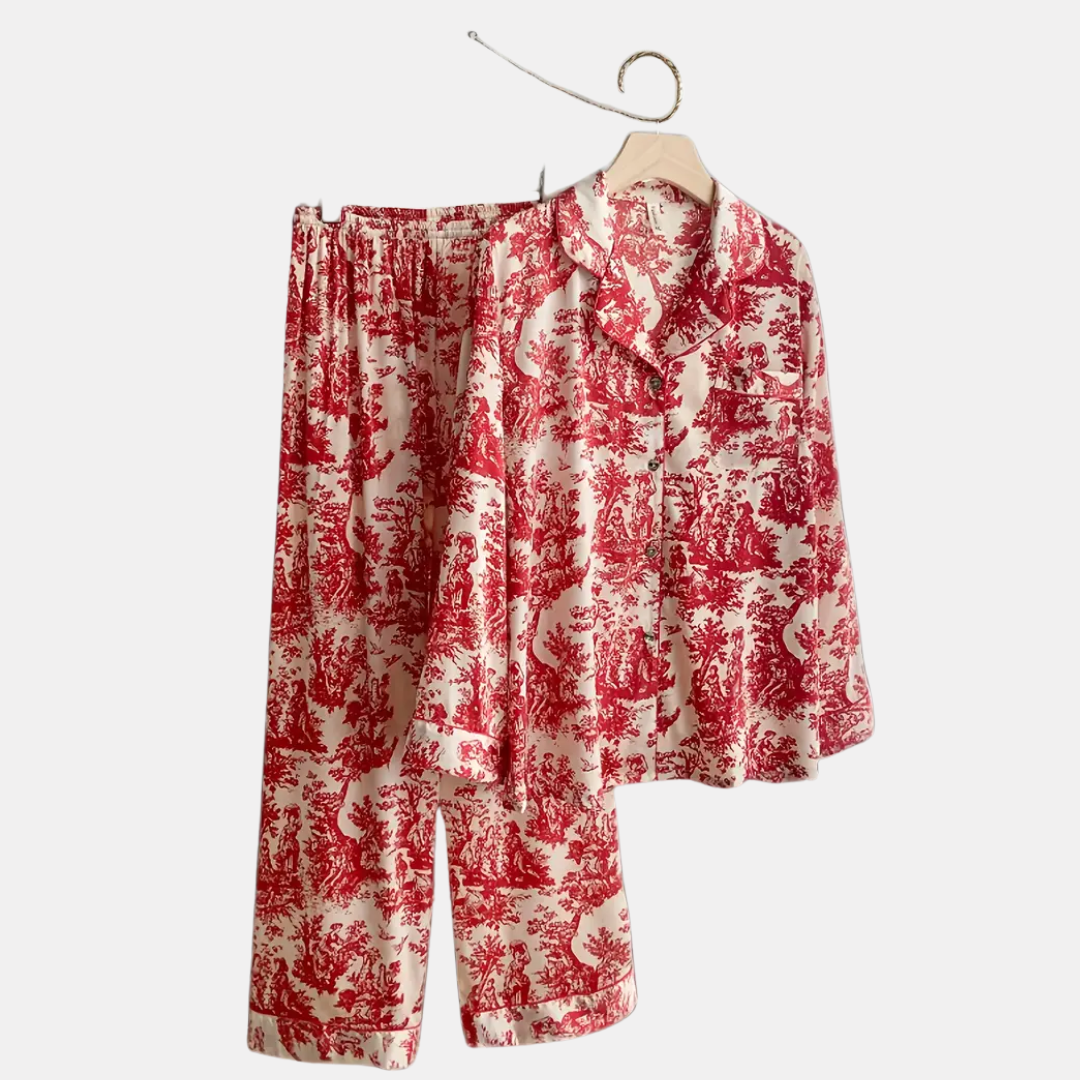 Elegant Silk Pajama Set for Women – Ink Wash Print, Soft & Breathable Sleepwear