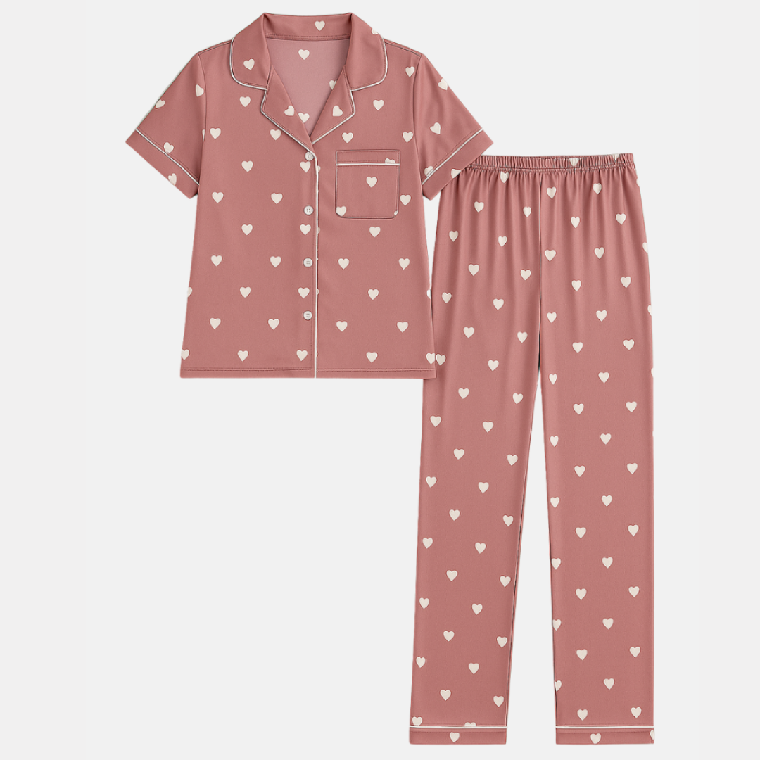 Heart Print Pajama Set - Short Sleeve Top & Elastic Waistband Pants