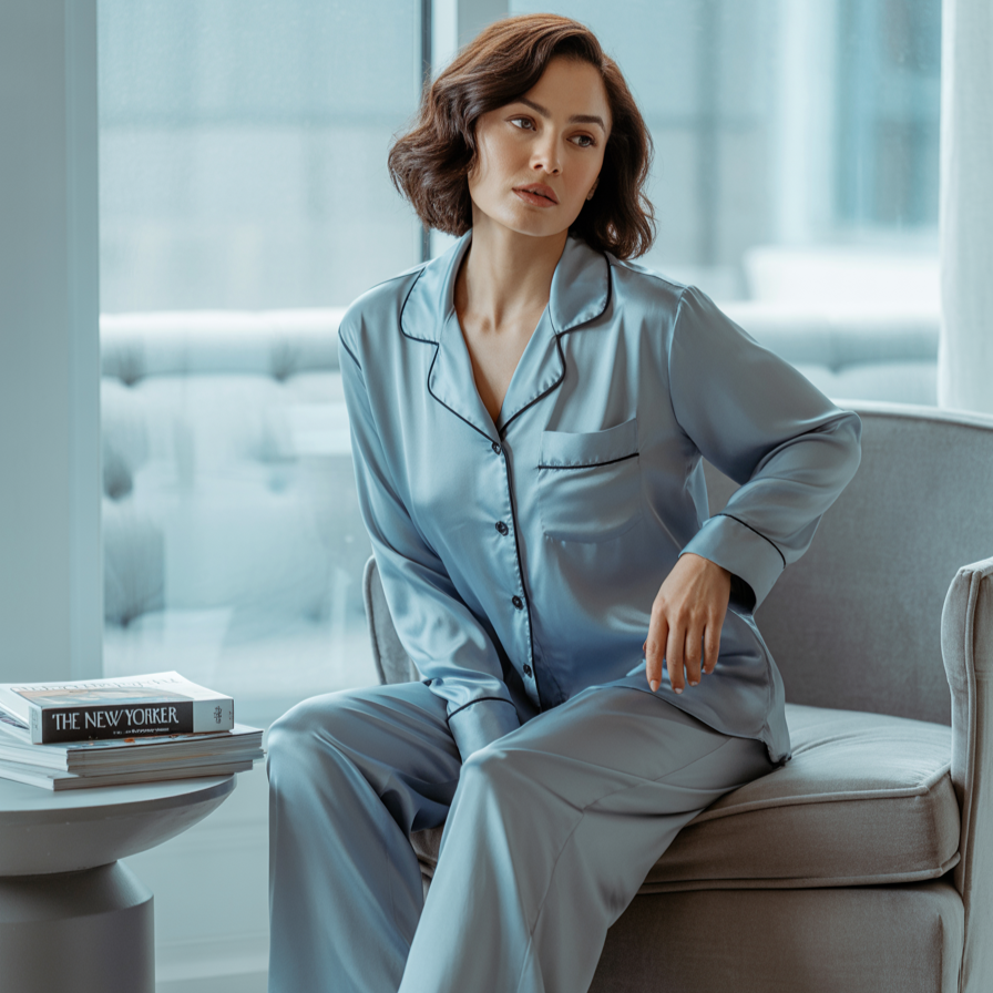 100% Mulberry Silk Pajama Set – Long Sleeve Button Down Top and Full-Length Pants