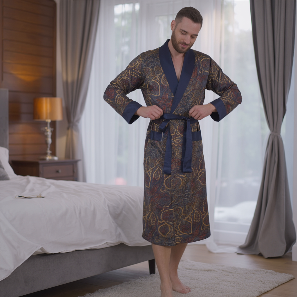 Men’s Silk-Like Robe – Luxurious Paisley Pattern Sleepwear