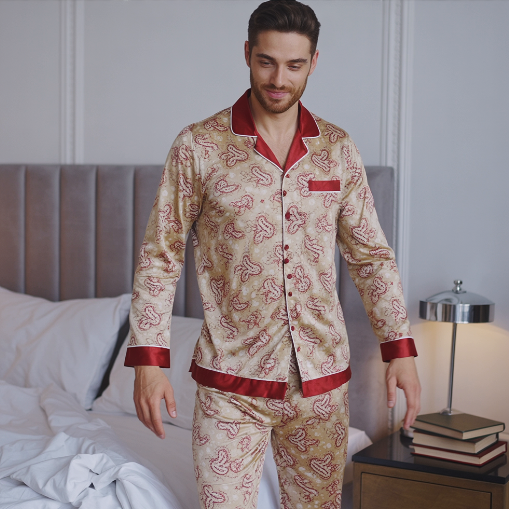 Men’s Silk-Like Pajama Set – Luxurious Paisley Pattern Sleepwear