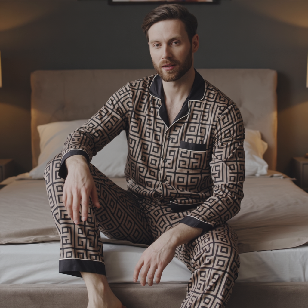 Men’s Silk-Like Pajama Set – Geometric Patterned Sleepwear