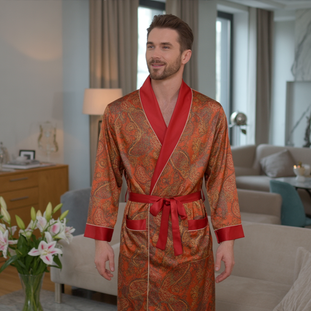 Men’s Patterned Silk-Like Robe – Elegant Design & Comfortable Fit