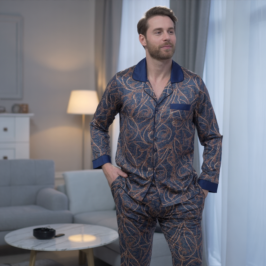 Men’s Silk-Like Pajama Set – Luxurious Paisley Pattern Sleepwear