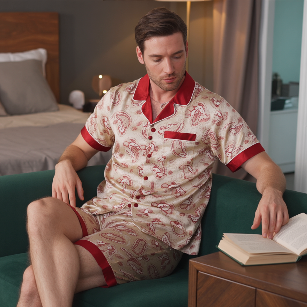 Men’s Silk-Like Pajama Set – Luxurious Paisley Pattern Sleepwear