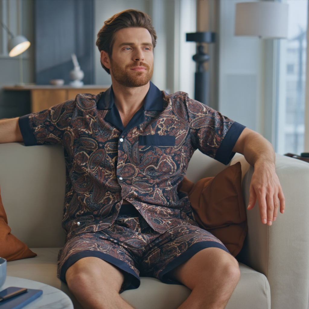 Men’s Silk-Like Pajama Set – Luxurious Paisley Pattern Sleepwear