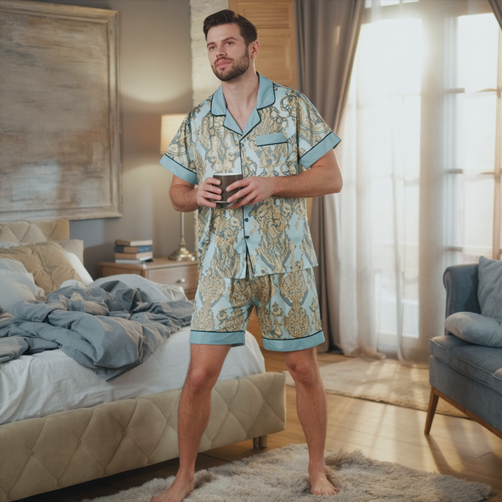 Men’s Silk-Like Pajama Set – Luxurious Paisley Pattern Sleepwear