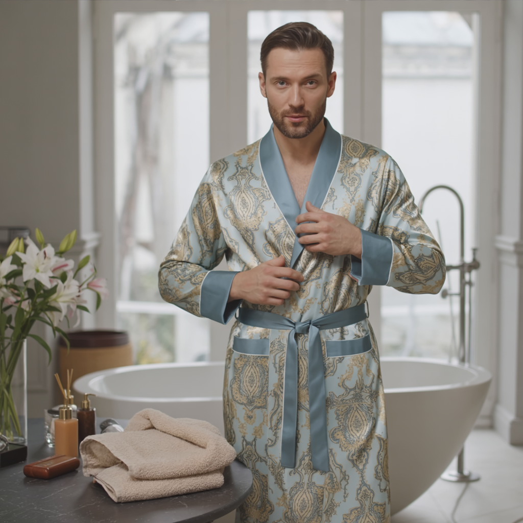 Men’s Silk-Like Robe – Luxurious Paisley Pattern Sleepwear