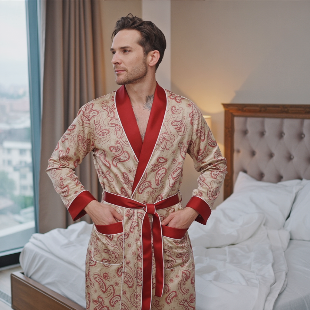 Men’s Silk-Like Robe – Luxurious Paisley Pattern Sleepwear