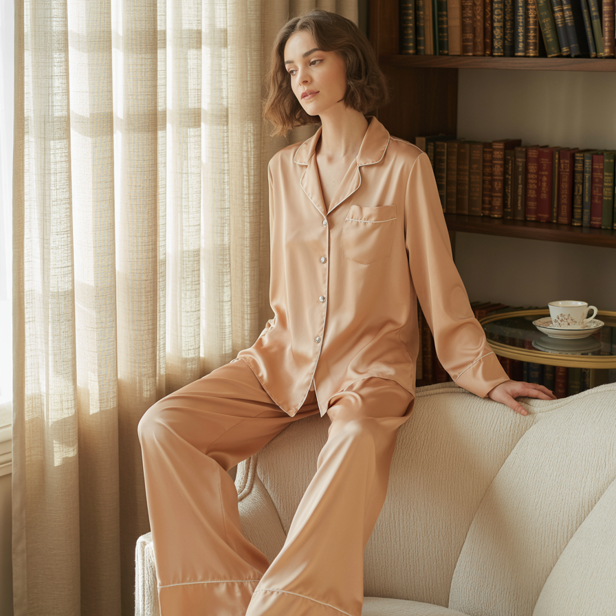 100% Mulberry Silk Pajama Set – Long Sleeve Button Down Top and Full-Length Pants
