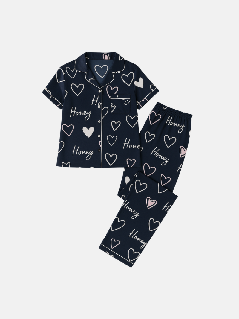 Women's Cute Print Silk Pajama Set - Short Sleeve & Long Pants