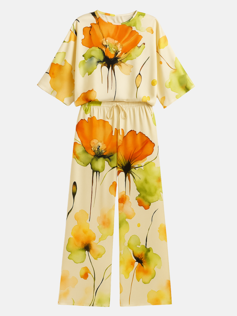 Women's Satin Two-Piece Set – Elegant Floral Top with Wide-Leg Pants for Casual Chic Style