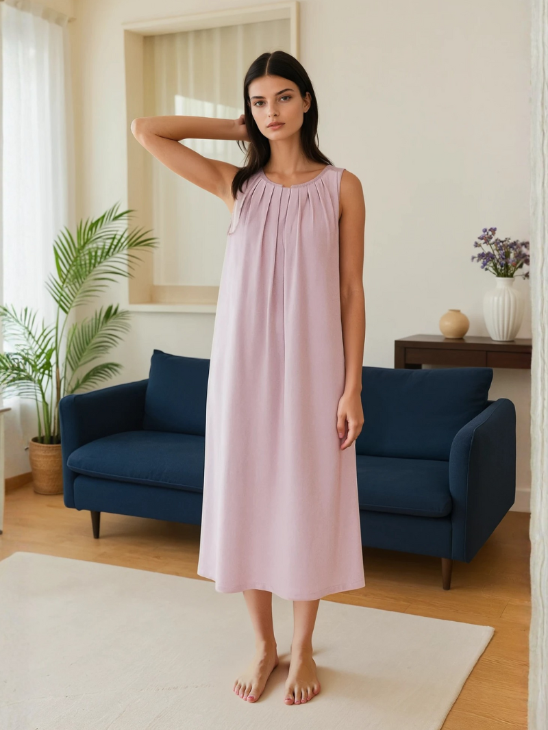 Women's Modal Cotton Sleep Dress with Built-In Bra – Breathable Nightgown