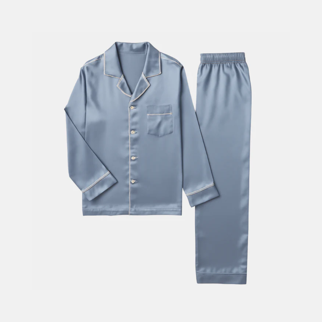 Men's Ice Silk Pajamas – Long Sleeve Pants Set for Spring and Autumn, Casual Summer Silk Suit