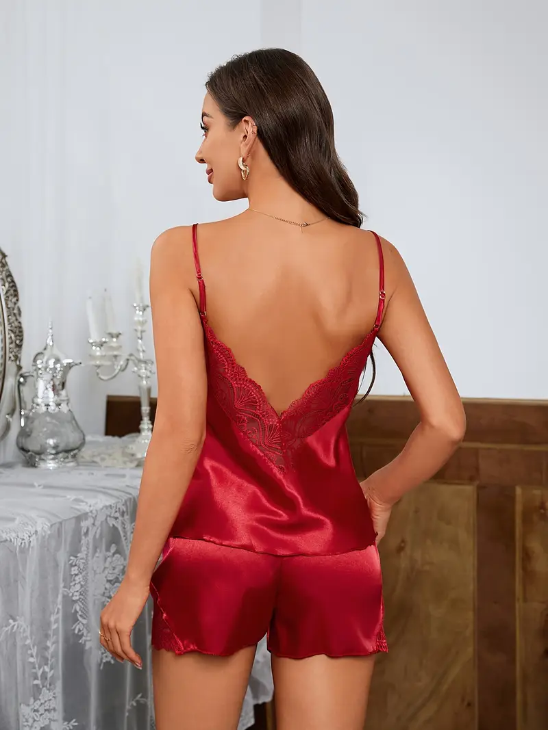 Women's Lace Pajama Set – Sexy V-Neck Backless Cami Top with Comfy Elastic Shorts