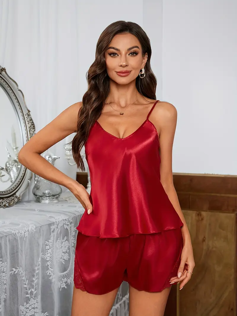 Women's Lace Pajama Set – Sexy V-Neck Backless Cami Top with Comfy Elastic Shorts